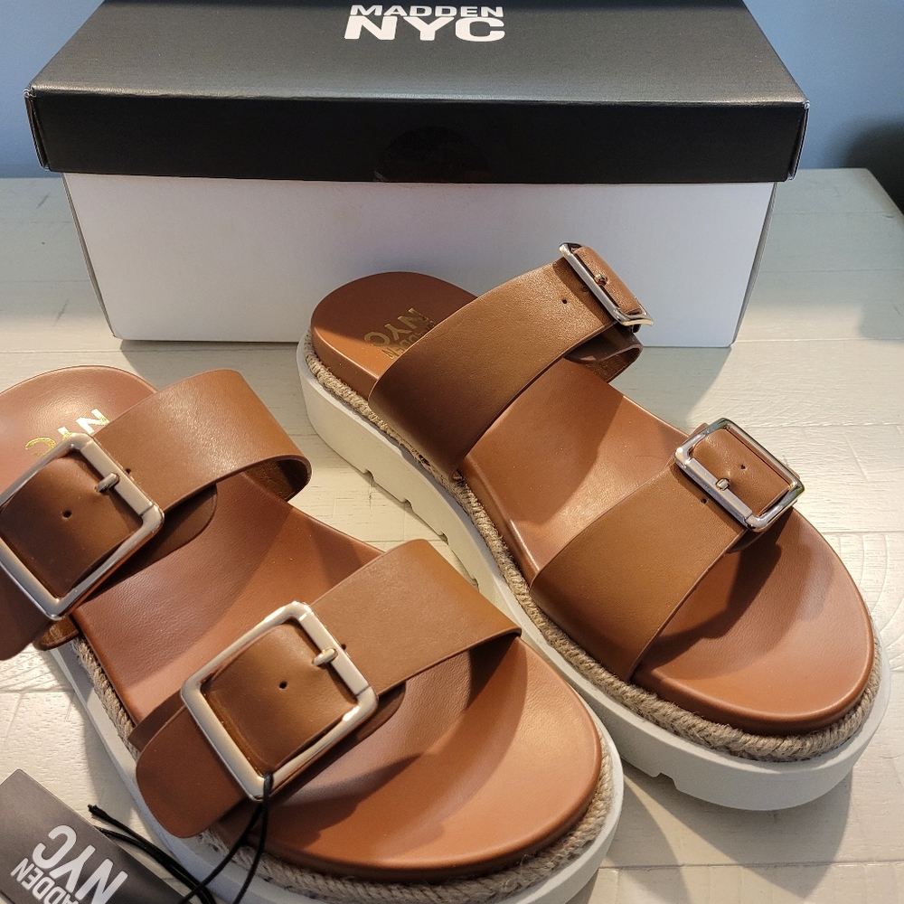 MADDEN NYC Camel Brown Double Strap Sandals NEW! - Picture 2 of 7